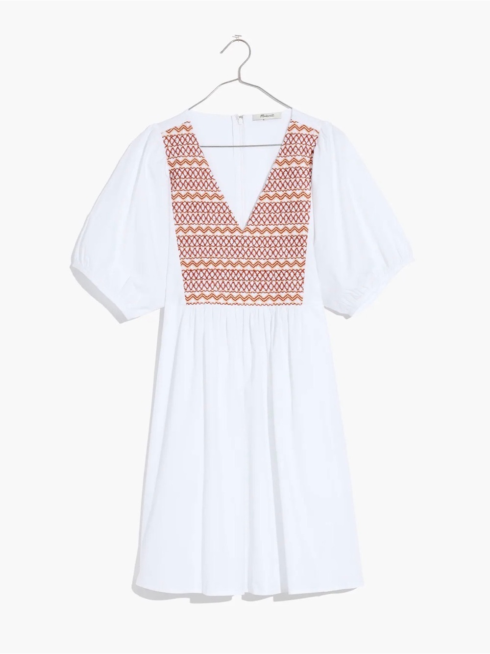 Madewell White Mini Dress with Rust Embroidered V-Bib